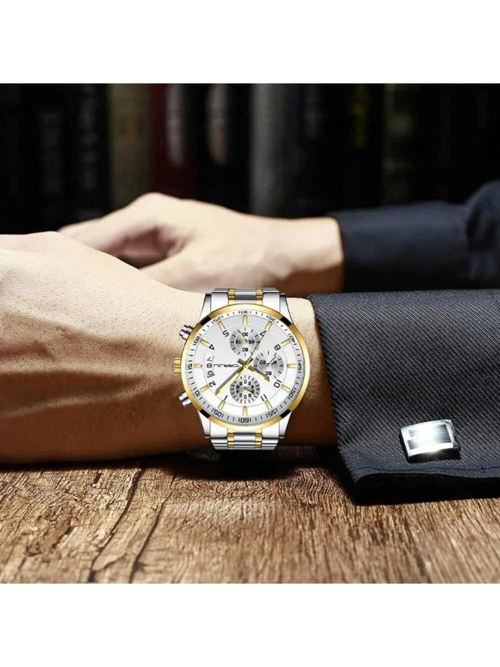Mens Silver And White Analog Stainless Steel Waterproof Chronograph Wrist Watch
